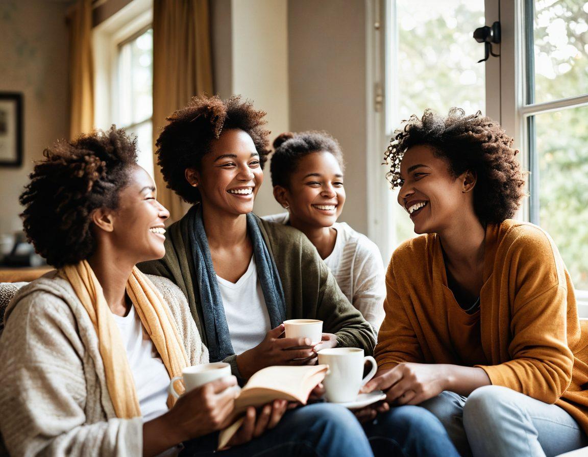 A heartwarming scene of diverse people of different ages and backgrounds, sitting together in a cozy environment, joyfully sharing stories and laughing. In the background, soft natural light filters through a window, casting a warm glow on the faces of the individuals, symbolizing connection and emotional bonds. Include elements like coffee cups, a shared book, and cozy blankets to enhance the atmosphere of togetherness. super-realistic. vibrant colors. warm tones.