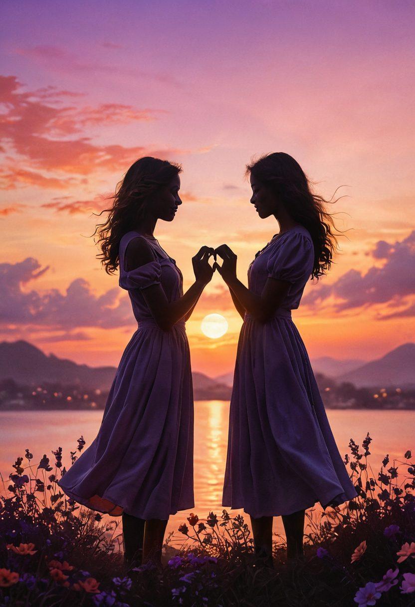 A heart intertwined with hands, symbolizing commitment and camaraderie, set against a dreamy sunset backdrop that blends warm hues of orange, pink, and purple. In the foreground, silhouettes of a couple sharing a joyful moment, surrounded by blooming flowers representing nurturing love. Soft, ethereal lighting enhances the romantic atmosphere. super-realistic. vibrant colors. dreamy background.